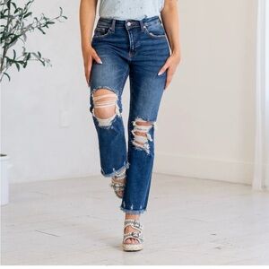 Zenana Dallas Mid Rise(10”)Distressed Ankle Flared Dark Wash Blue Jeans Size 28.